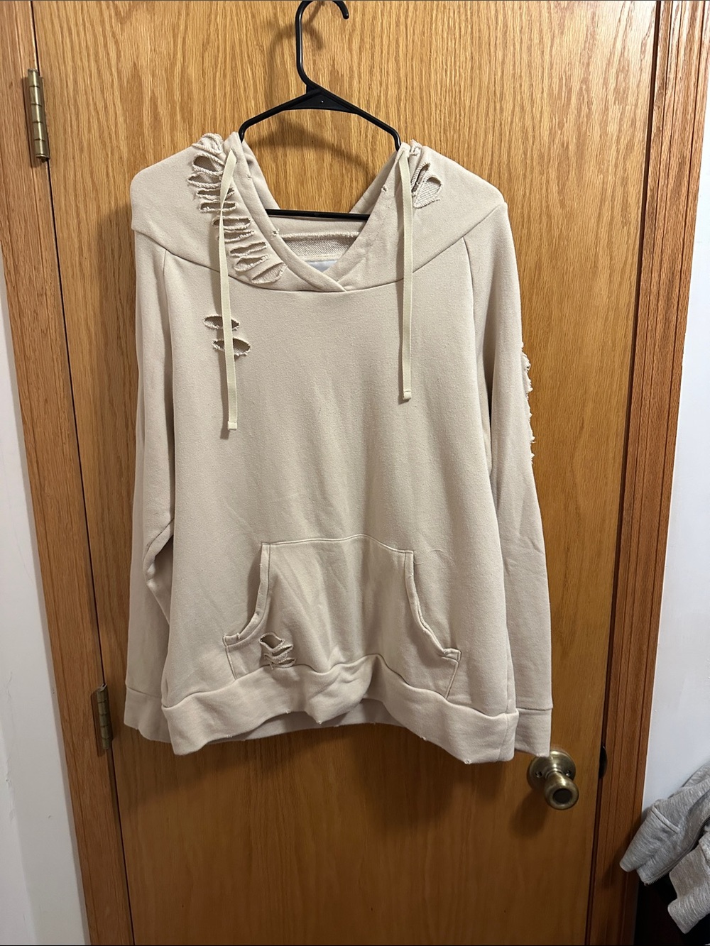 Distressed Cream Hoodie Sweater - Relaxed Crew Neck